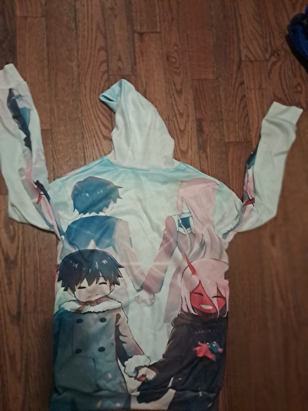 Unisex Hooded Anime Graphic Pullover - Pastel Blue & Pink